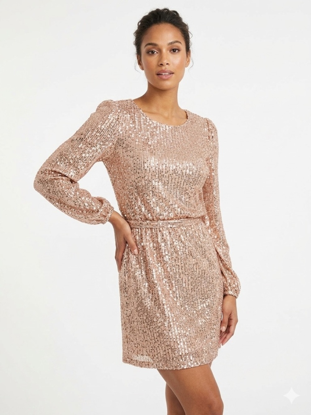 Crystal Sky Sequin Long-Sleeve Mini Dress in Rose Gold